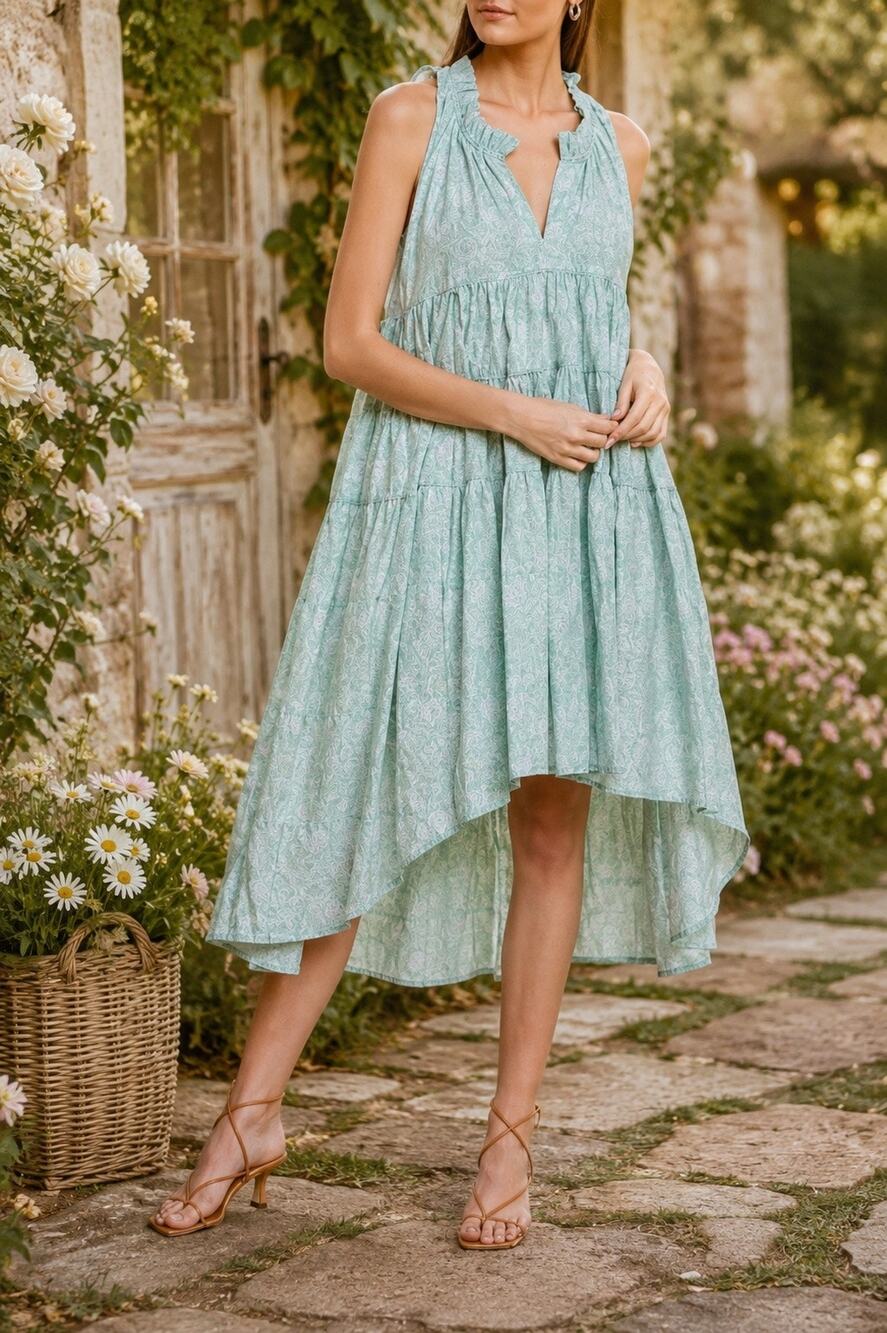 Ro's Garden Sasha High Low Tiered Dress Mint Green Cottagecore Boho Size XS